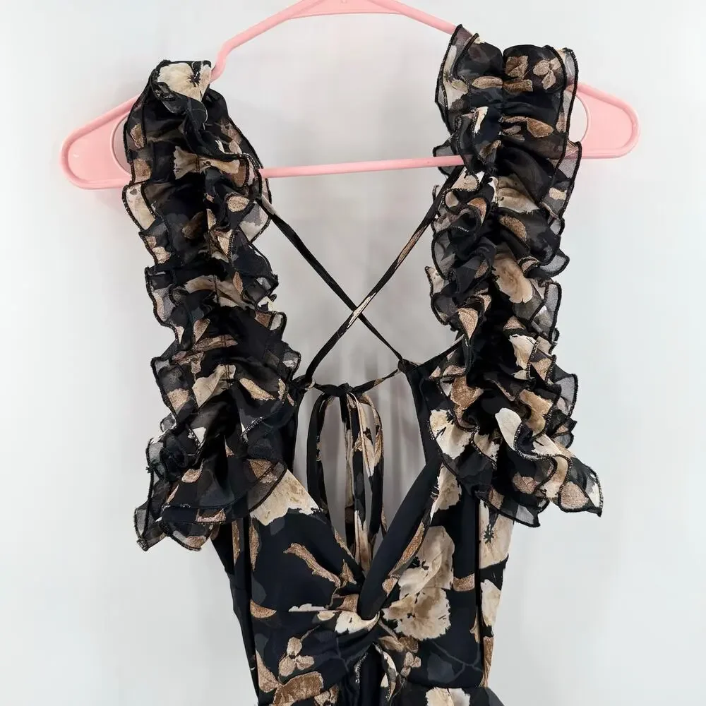 Petal & Pup Lucah Dress Size Large Frill Floral Maxi Wedding Formal Cocktail Blk - Picture 9 of 16